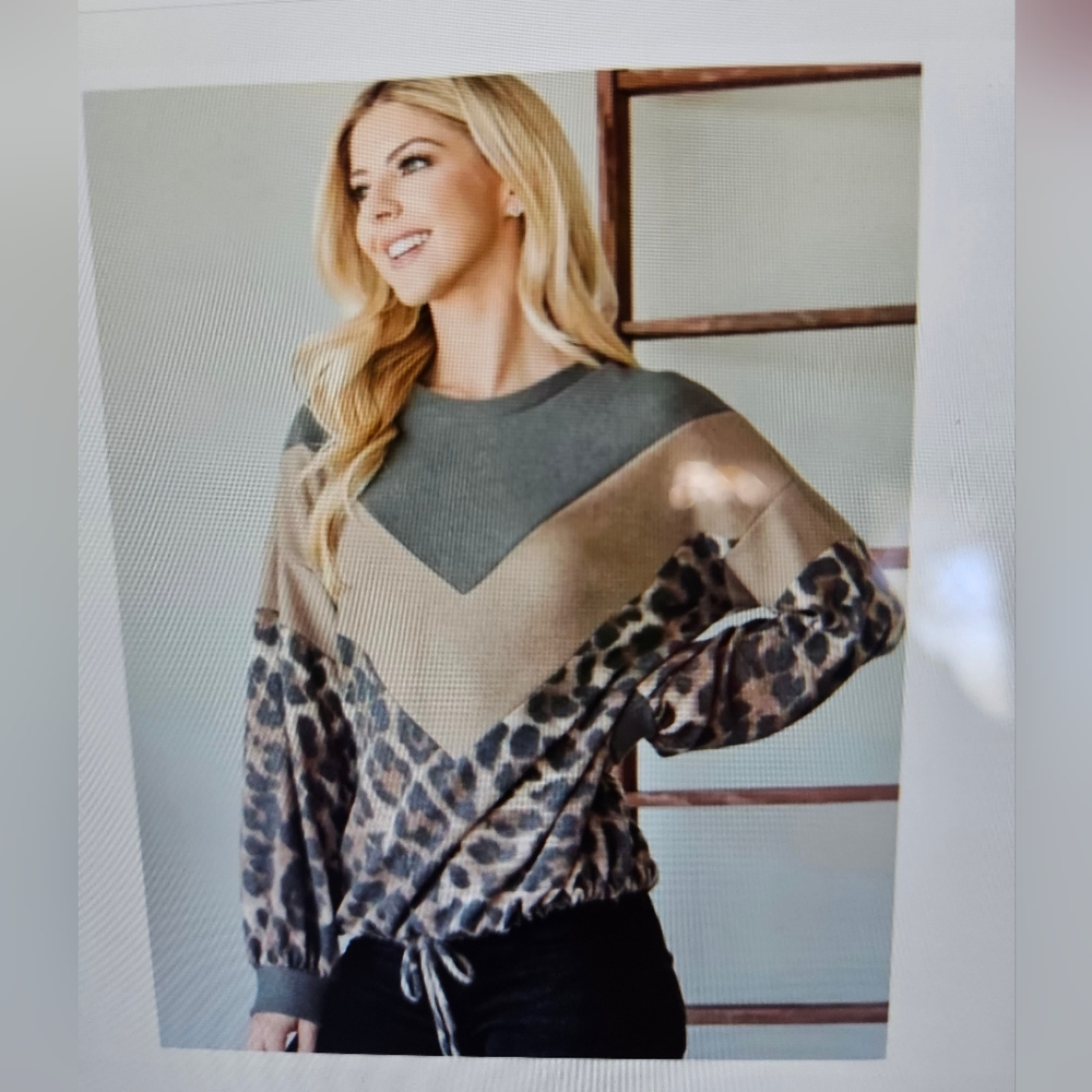 A Girl Thing Long Sleeve Chevron Leopard Top - Olive Green and Brown - Picture 5 of 7